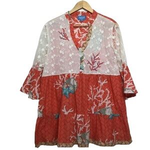 Isla Bonita by Sigris babydoll dress tulip sleeve lace coral white 100% coton XL